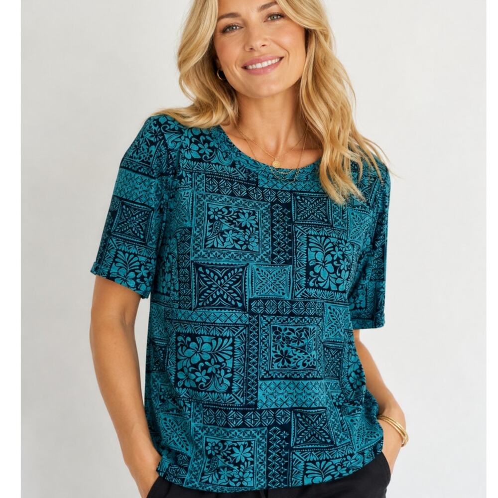 LOFT Tile Pleated Sleeve Tee Womens Medium Turquoise Teal Floral Ethnic Knit Top